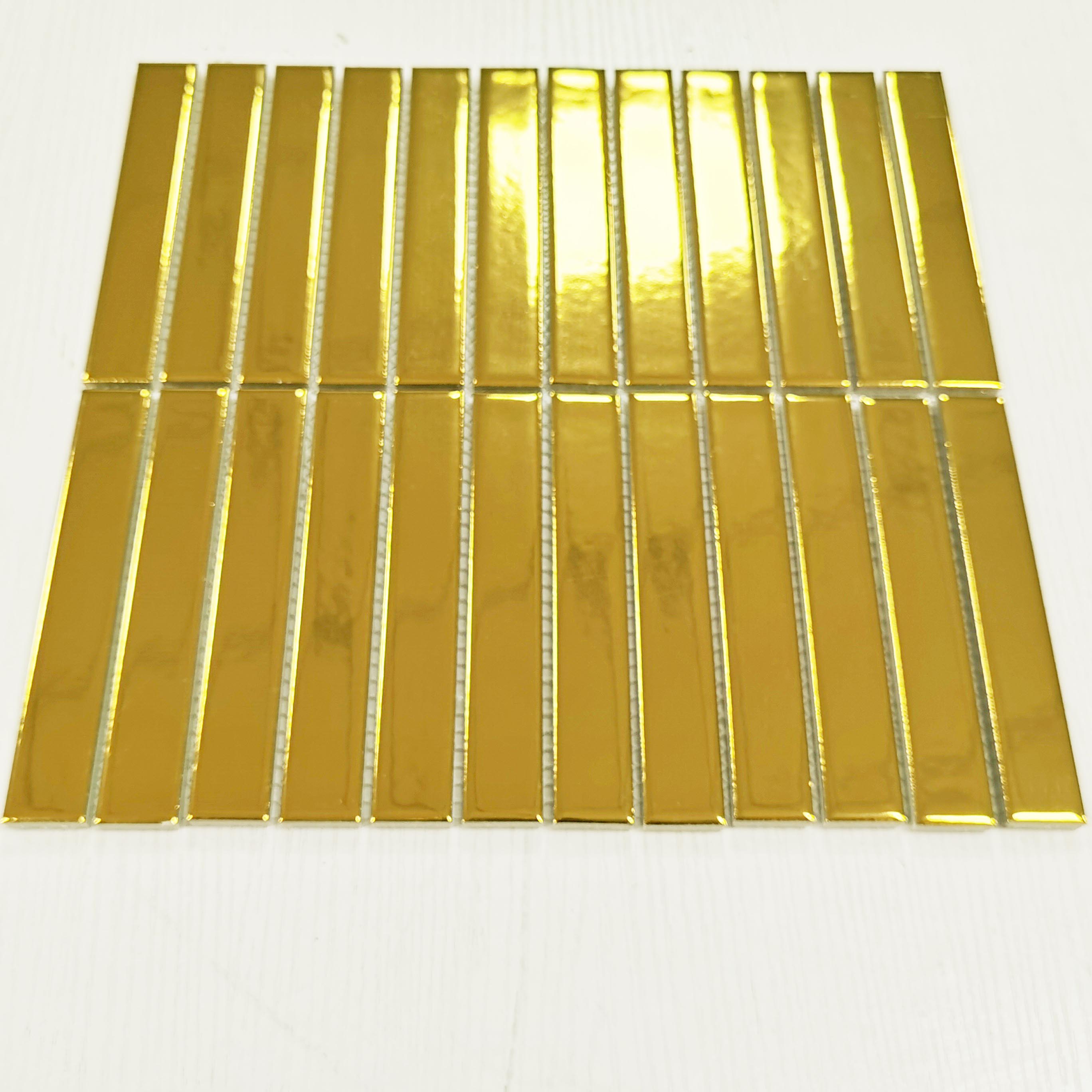Glossy gold plated strip shape mosaic long rectangle wall decoration ceramic