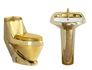 Electroplated gold one-piece toilet vertical pedestal basin set